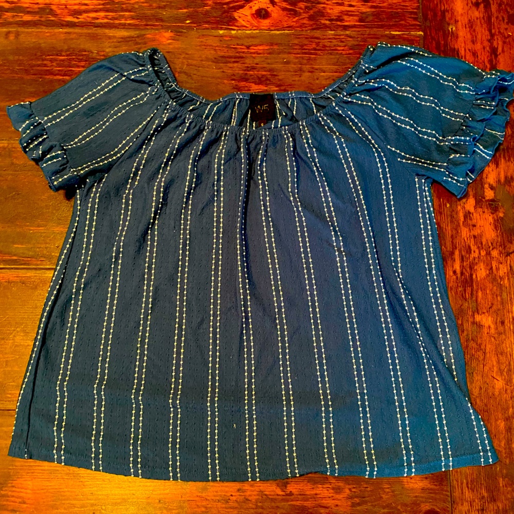 W5 Blue Top with white dotted stripes on or off shoulder size small